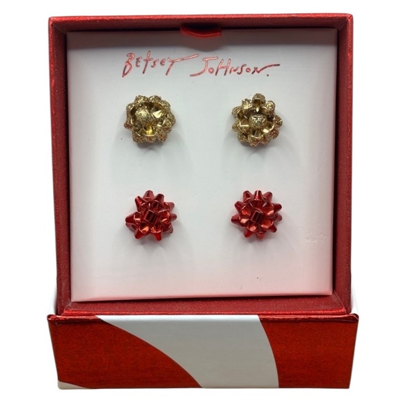 BETSEY JOHNSON Shiny Gold & Red Bow Pierced Earrings Christmas Holiday Boxed NWT - Picture 1 of 5